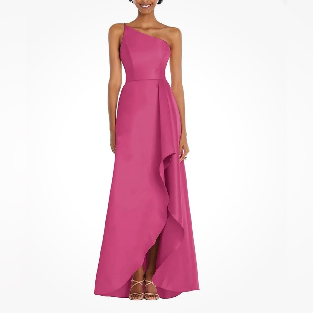 NWT Alfred Sung One-Shoulder Draped Front Slit w/Pockets Gown in Tea Rose Size 2